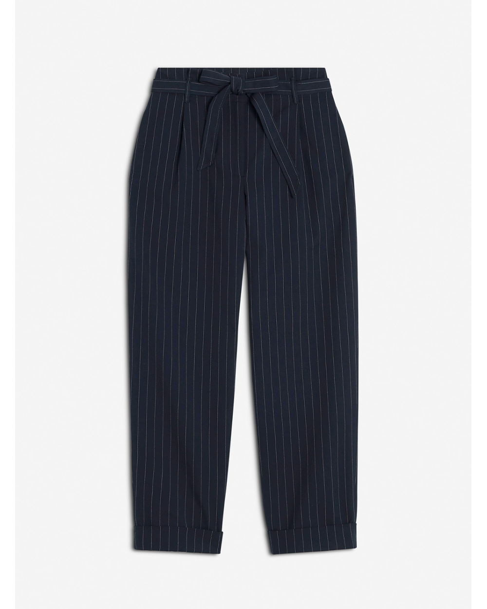 High-Waisted Striped Cotton & Wool Trousers with Belt