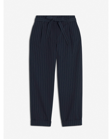 High-Waisted Striped Cotton & Wool Trousers with Belt