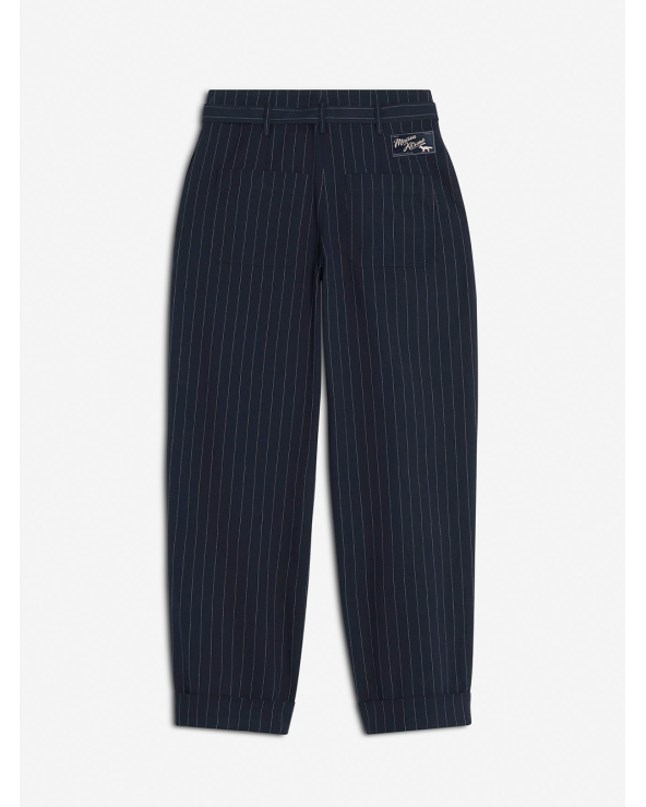 High-Waisted Striped Cotton & Wool Trousers with Belt