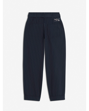 High-Waisted Striped Cotton & Wool Trousers with Belt