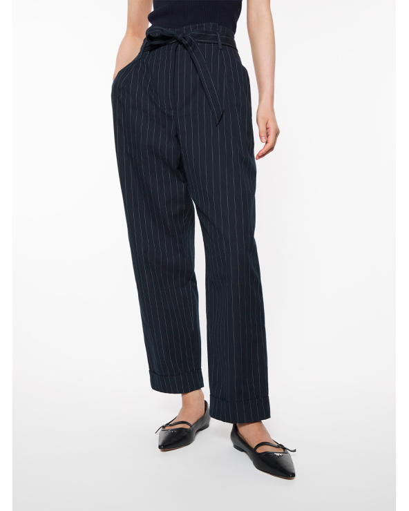 High-Waisted Striped Cotton & Wool Trousers with Belt