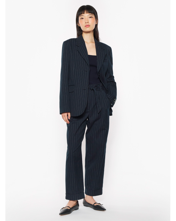 High-Waisted Striped Cotton & Wool Trousers with Belt