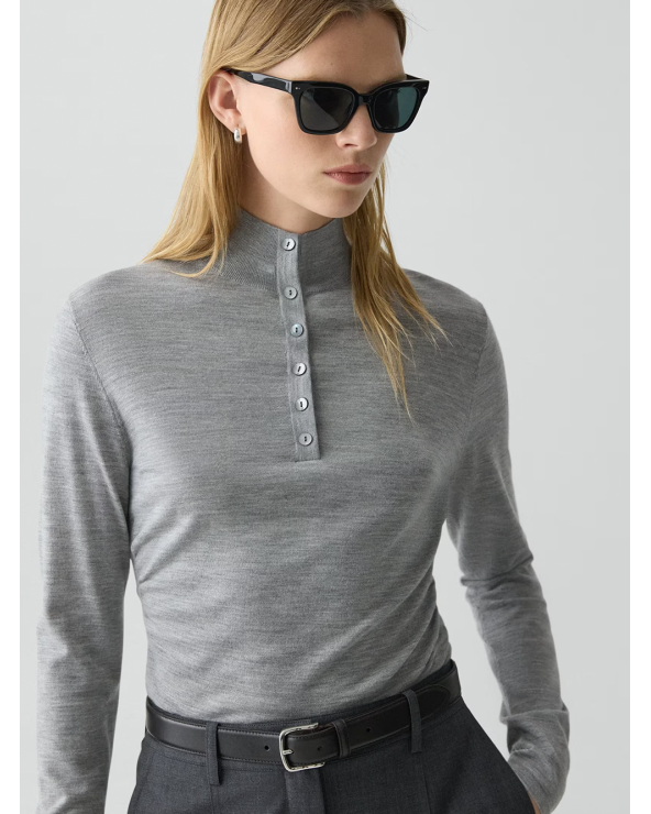 Theory Shirred Henley Sweater in Italian Merino Wool | Premium Fashion Girona
